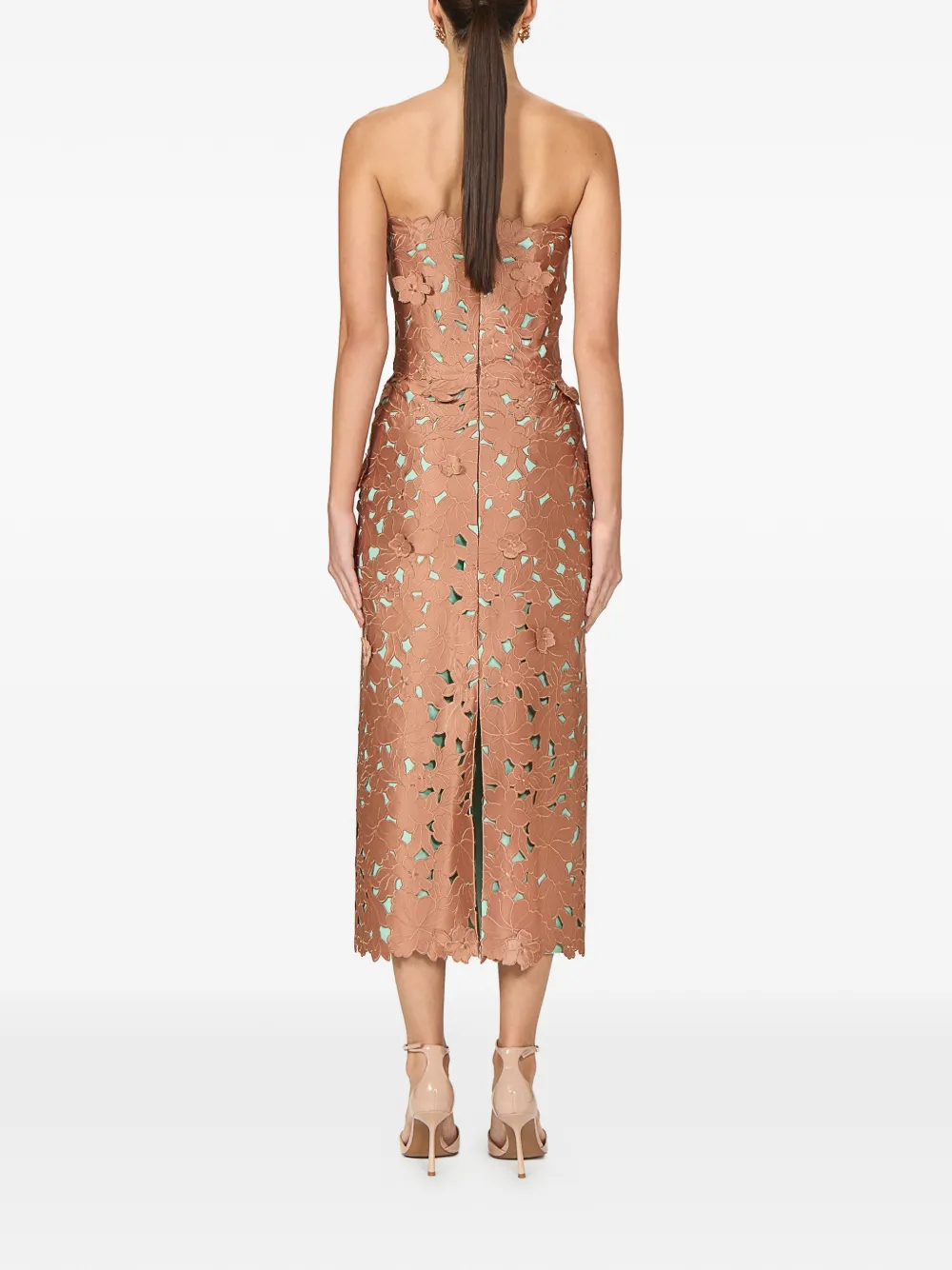 Costarellos Zira strapless midi-jurk met uitgesneden bloemen Beige
