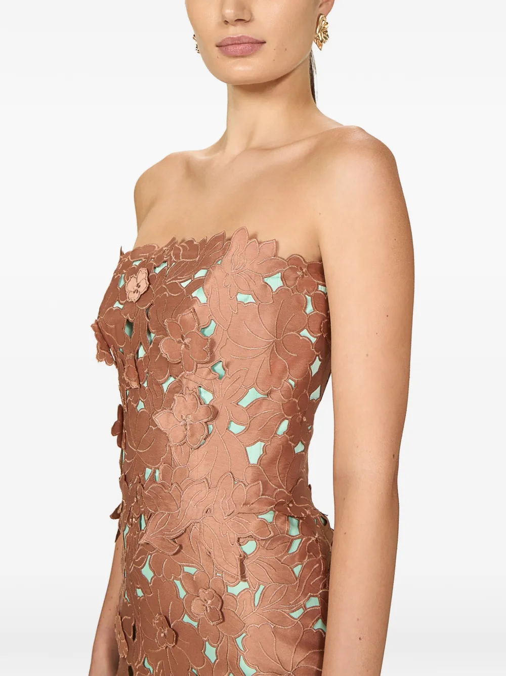 Costarellos Zira strapless midi-jurk met uitgesneden bloemen Beige
