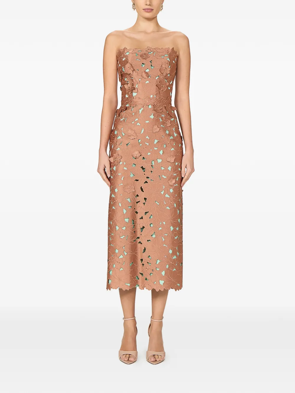 Costarellos Zira strapless midi-jurk met uitgesneden bloemen Beige