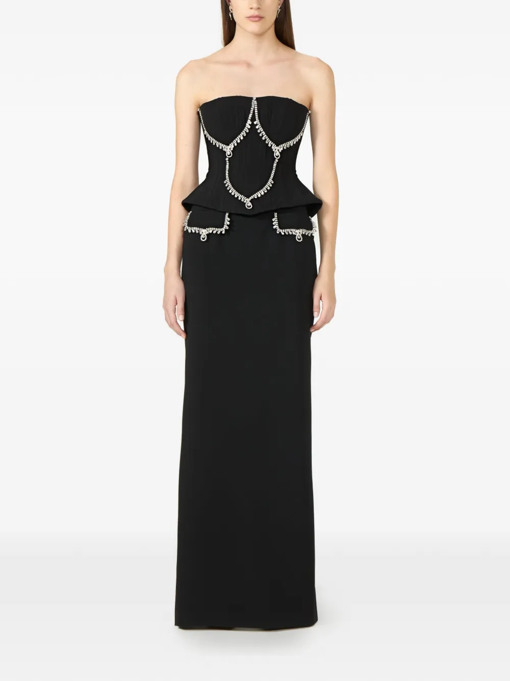 Costarellos Stara Crystal-chain Pencil Maxi Skirt in Black, view 2