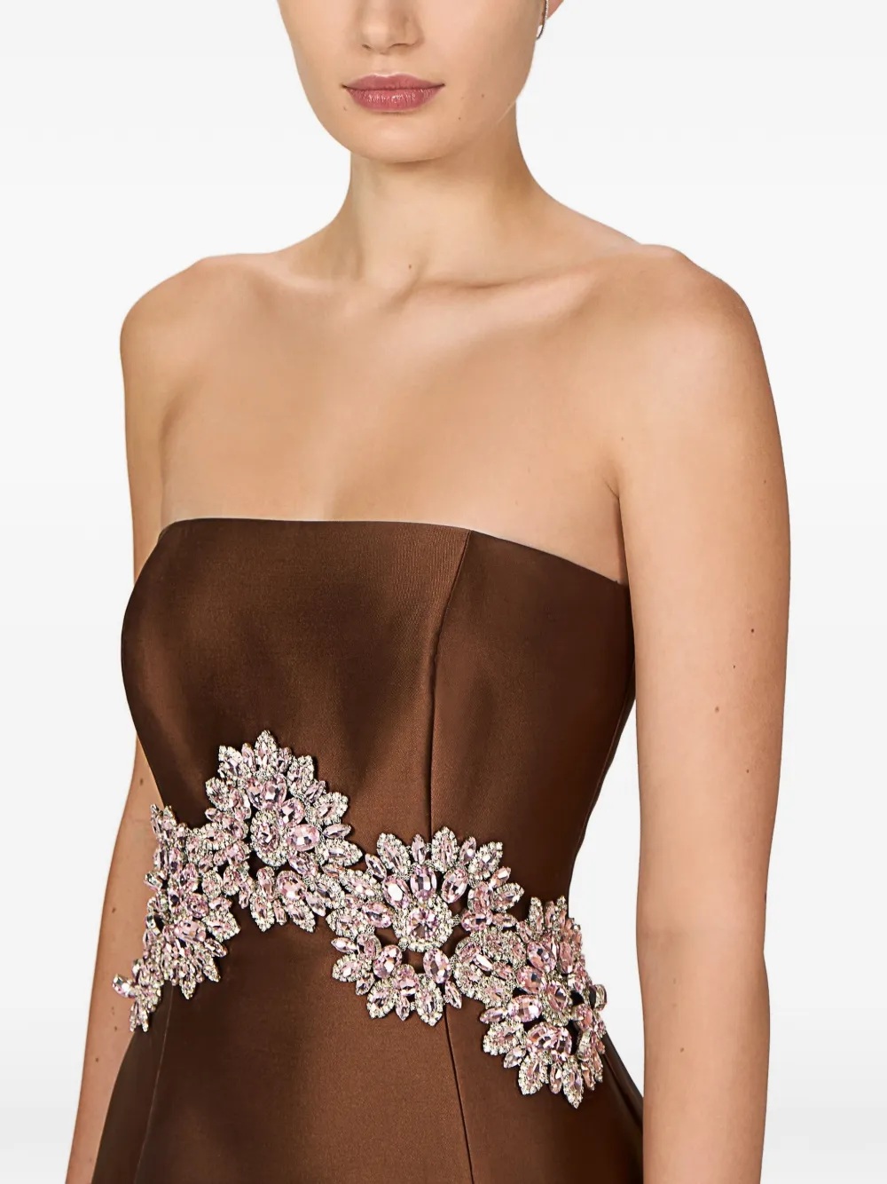 Costarellos Bria strapless asymmetrische jurk verfraaid met kristallen Bruin