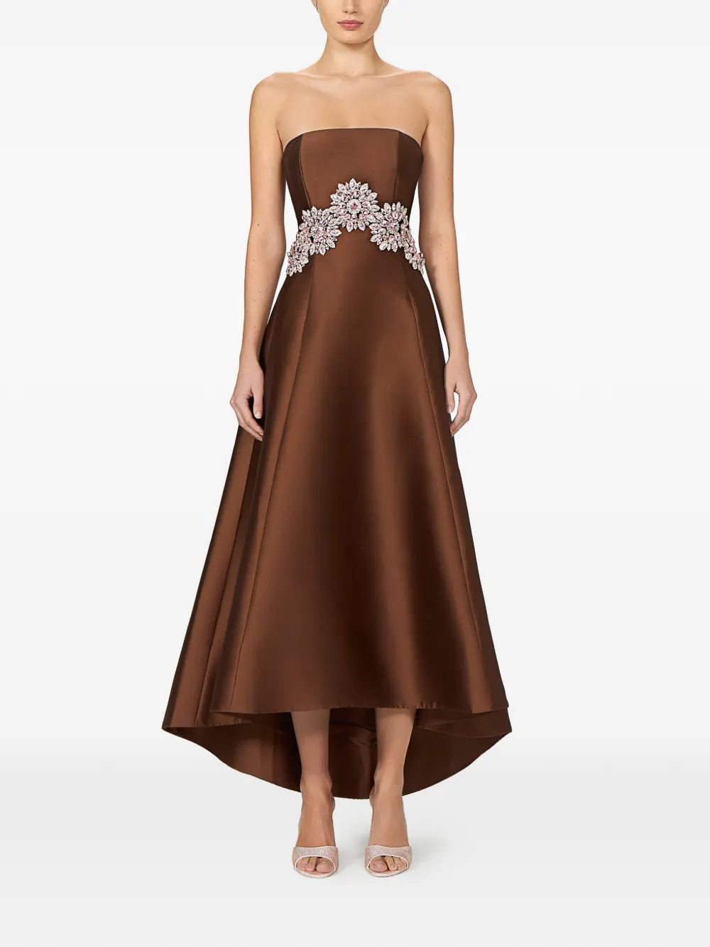Costarellos Bria strapless asymmetrische jurk verfraaid met kristallen Bruin
