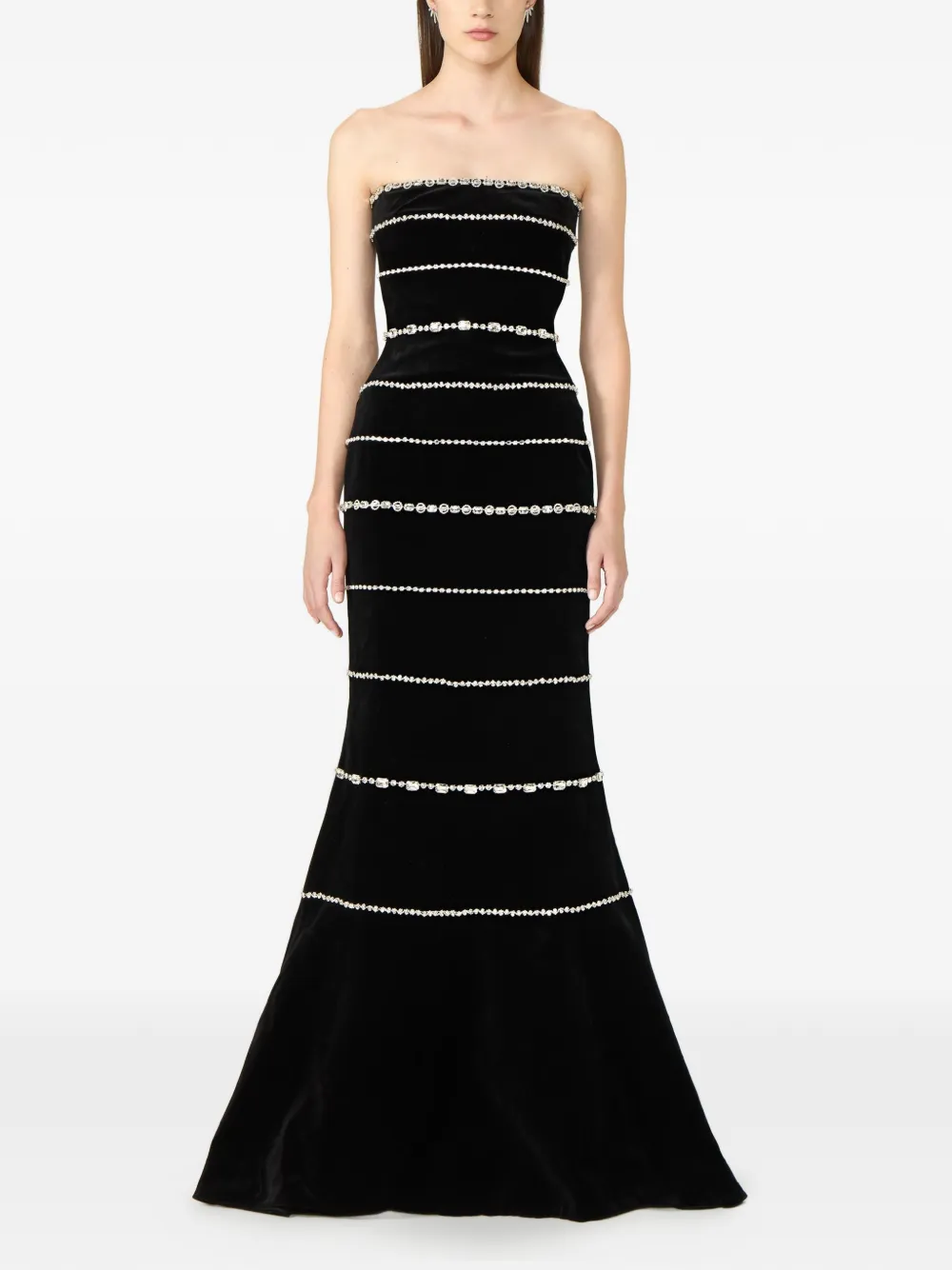 Costarellos Shaula strapless fluwelen avondjurk met kristallen Zwart