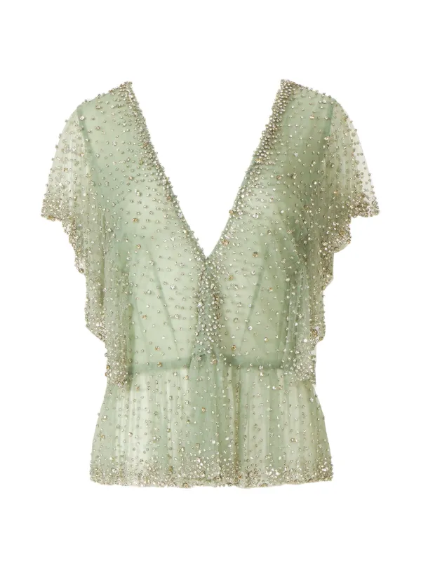 Costarellos Aletta Crystal Peplum Top in Green