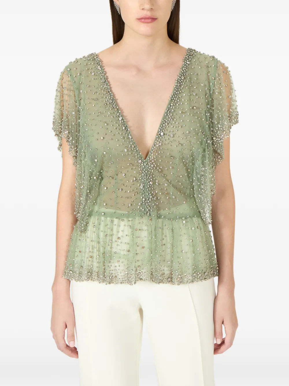 Costarellos Aletta peplum top met kristallen Groen