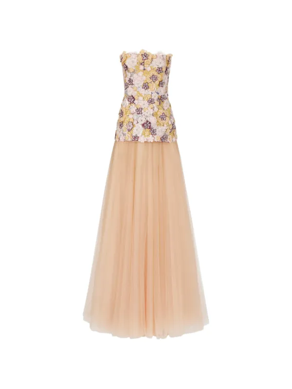 Costarellos Thia Floral-embroidered Strapless Maxi Dress in Neutrals