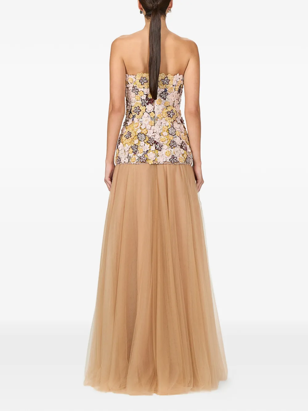 Costarellos Thia strapless maxi-jurk met geborduurde bloemen Beige