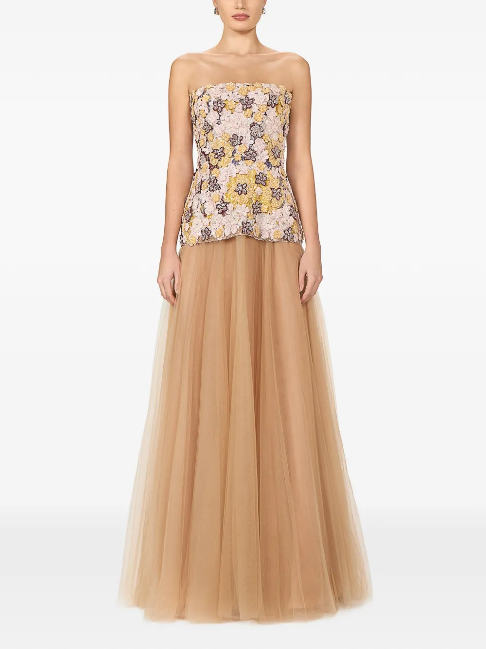 Costarellos Thia strapless maxi-jurk met geborduurde bloemen Beige