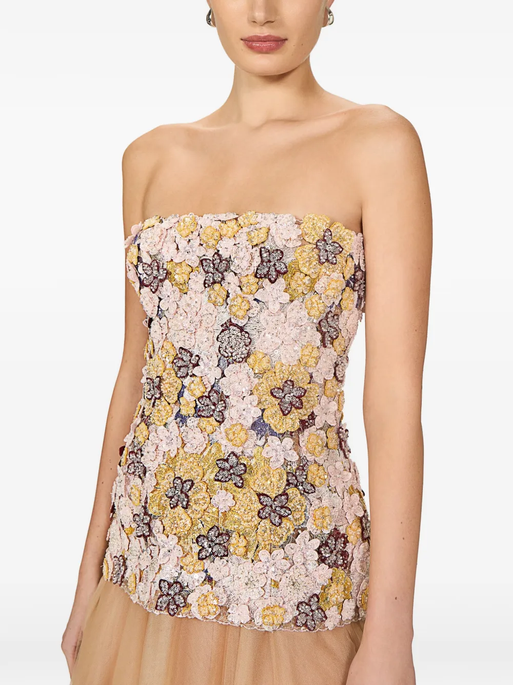 Costarellos Thia strapless maxi-jurk met geborduurde bloemen Beige