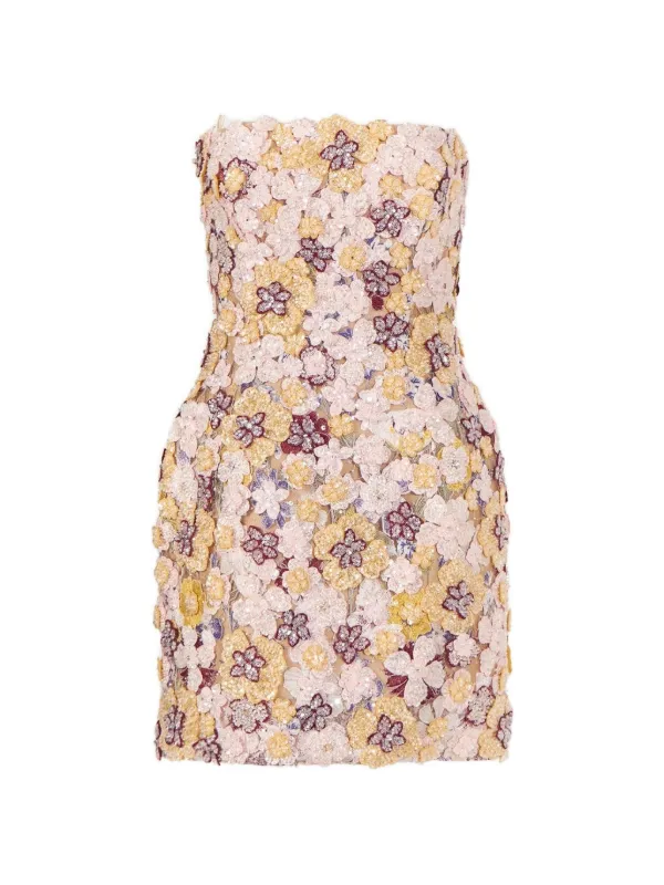 Costarellos Sirra Beaded Floral Strapless Mini Dress in Neutrals