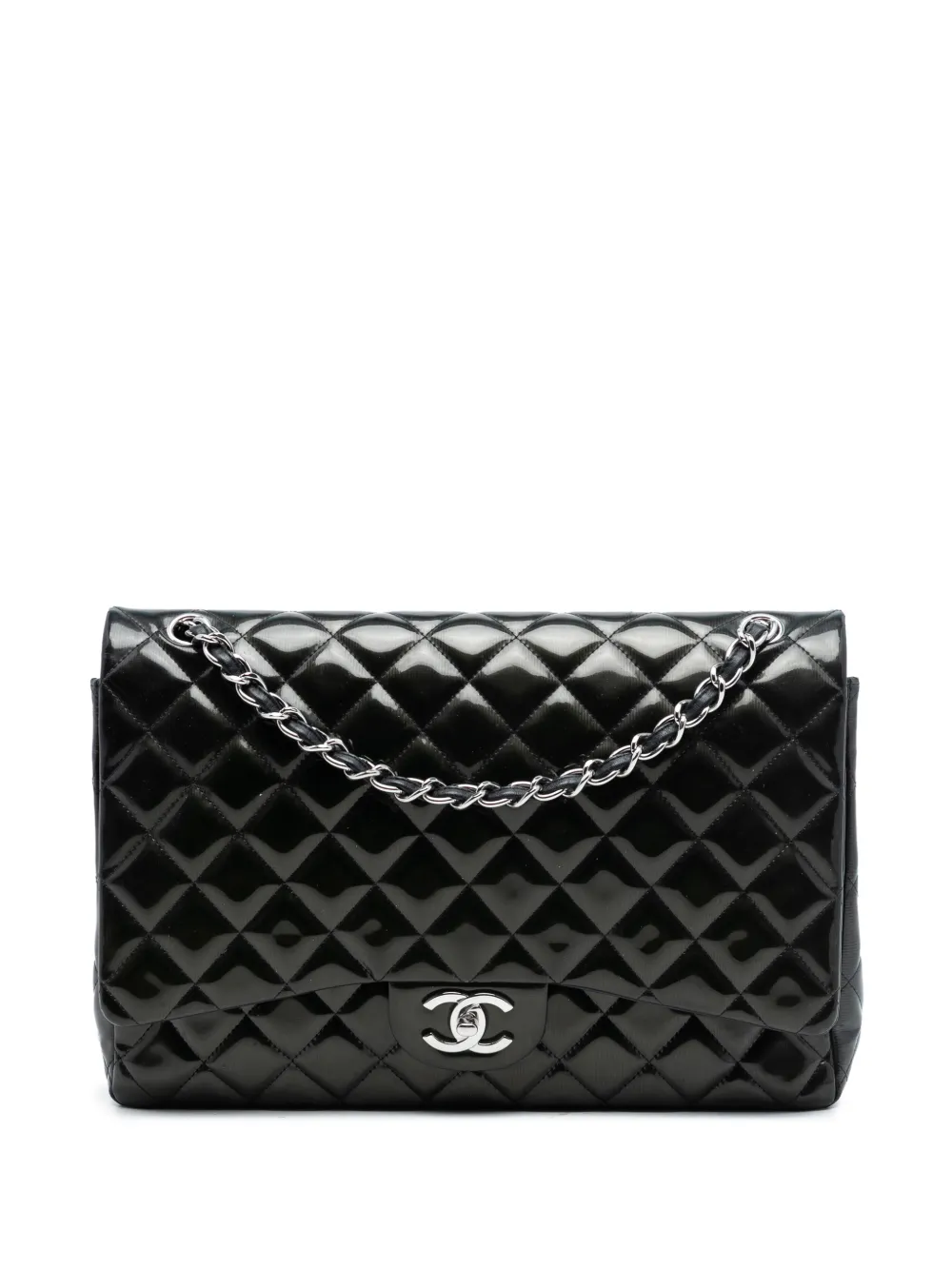 CHANEL Pre-Owned 2012 Maxi Classic Striped Patent Double Flap shoulder bag - Nero