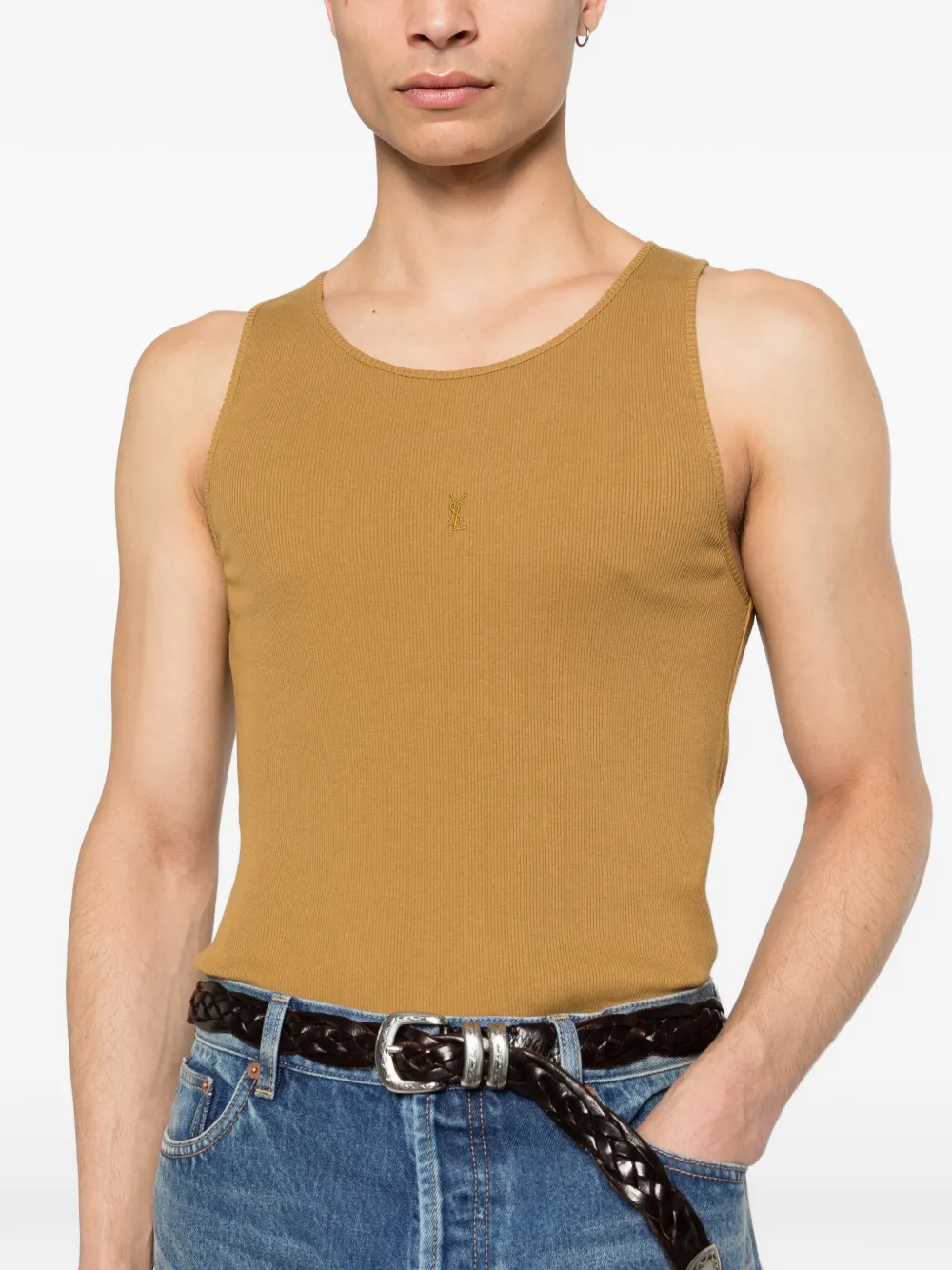 Saint Laurent Geribbelde top Beige