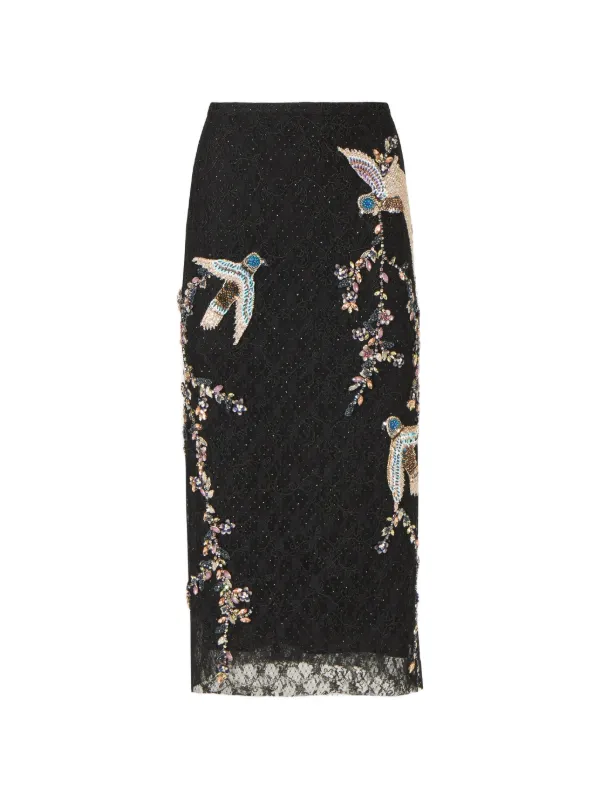 Costarellos Vivi Corded-lace Bird-appliqué Lace Midi Skirt in Black