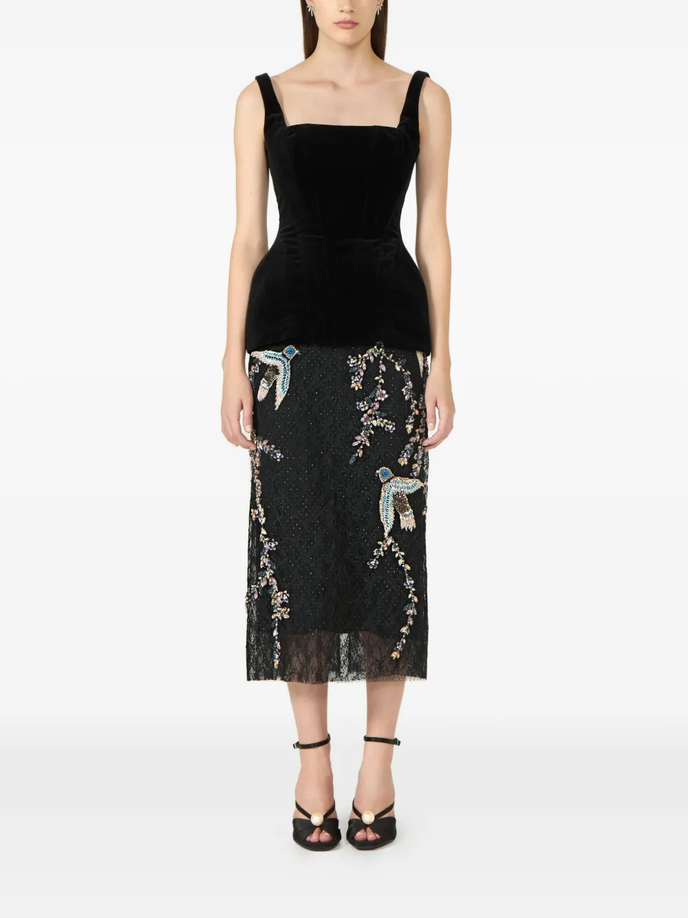 Costarellos Vivi Corded-lace Bird-appliqué Lace Midi Skirt in Black, view 2
