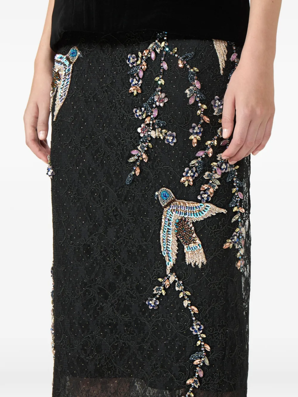 Costarellos Vivi Corded-lace Bird-appliqué Lace Midi Skirt in Black, view 4