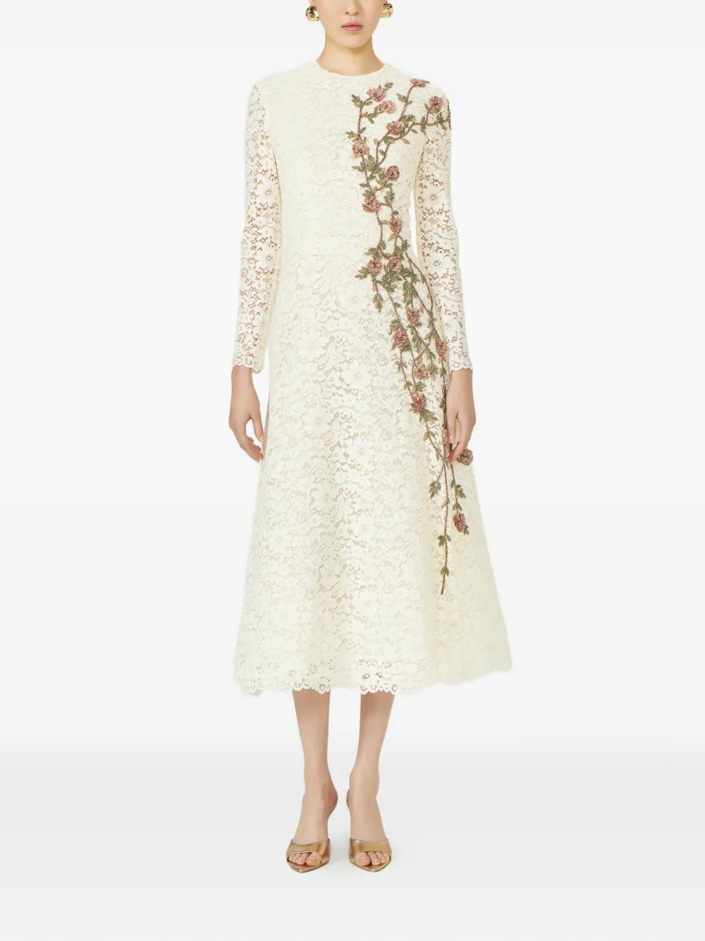 Costarellos Marlena midi-jurk met A-lijn en kant Beige