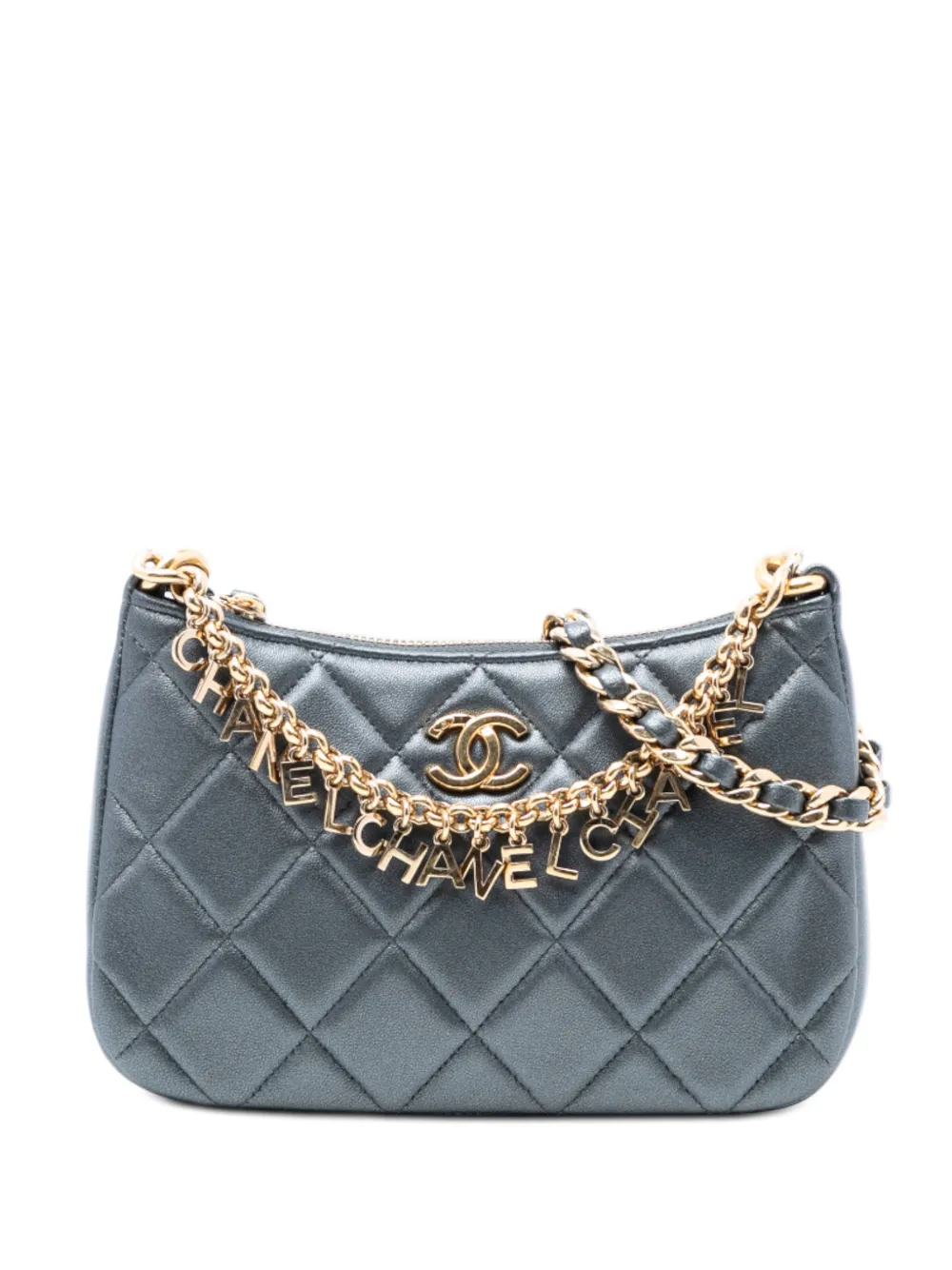 CHANEL Pre-Owned Borsa a tracolla CC trapuntata in pelle di agnello metallizzata con catena e logo 2021-2026 - Grigio