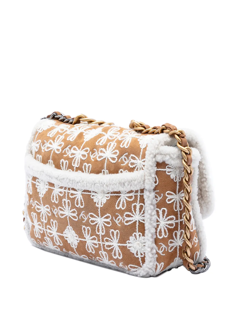 2021-2025 Medium Embroidered Suede 19 Flap With Shearling Trim Satchel