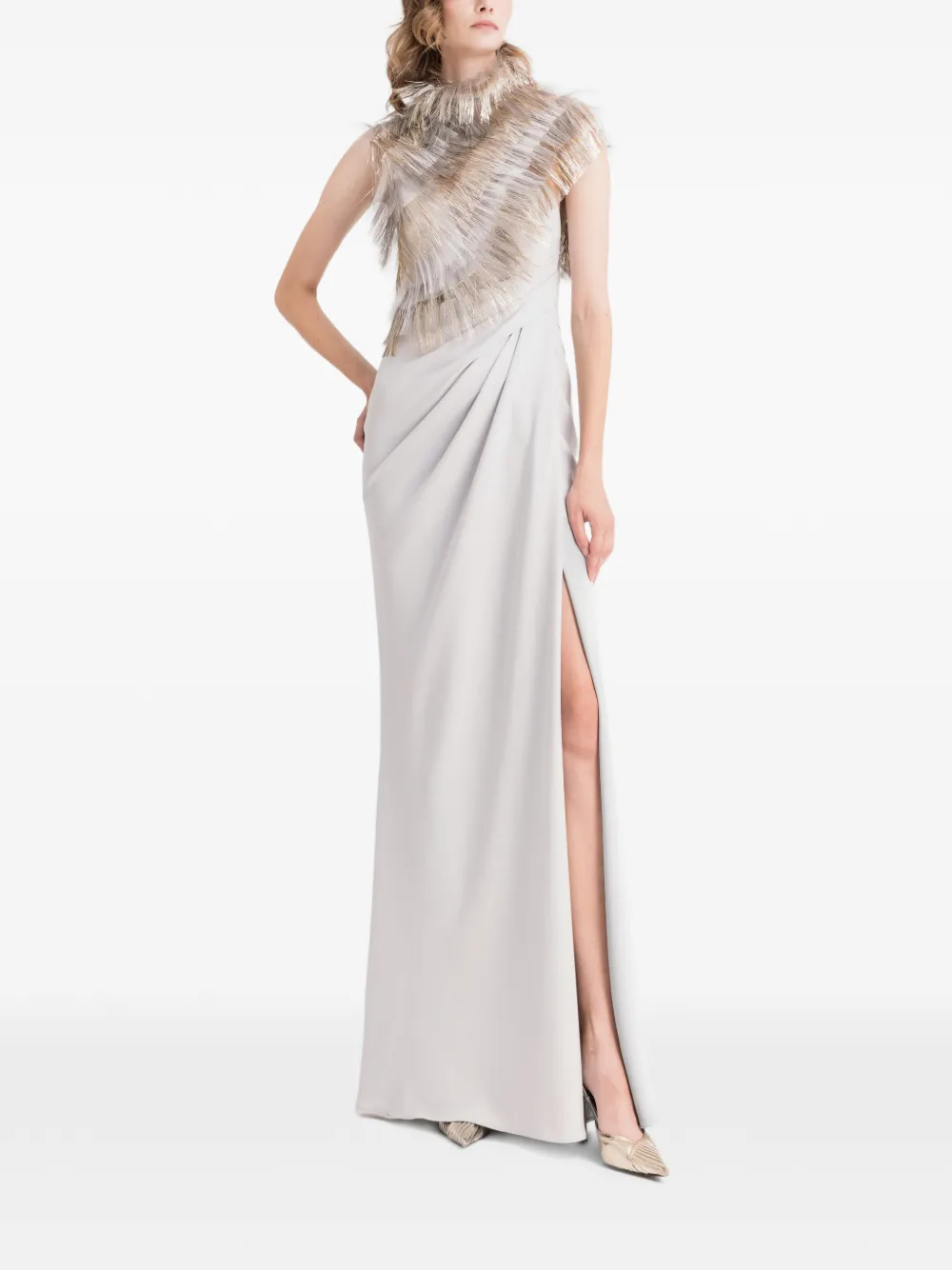Gemy Maalouf Maxi-jurk met asymmetrische hals en franje Grijs