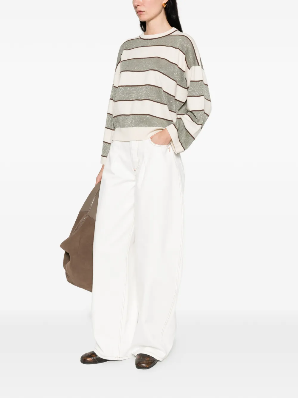 Brunello Cucinelli Gestreepte gebreide top Beige