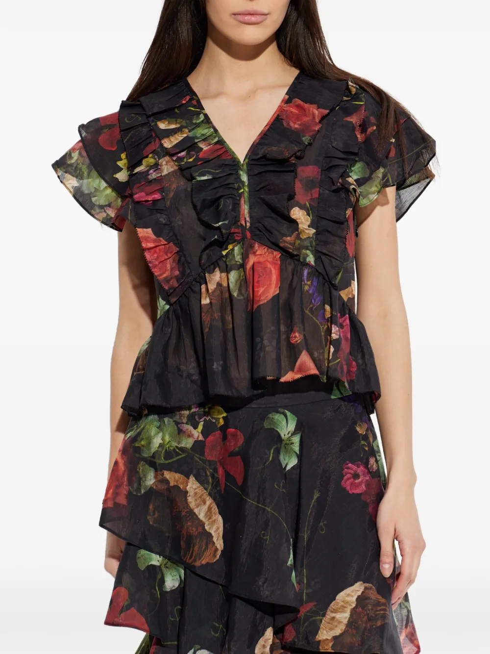  Allsaints Alma Ruffled Floral-print Blouse - Black 