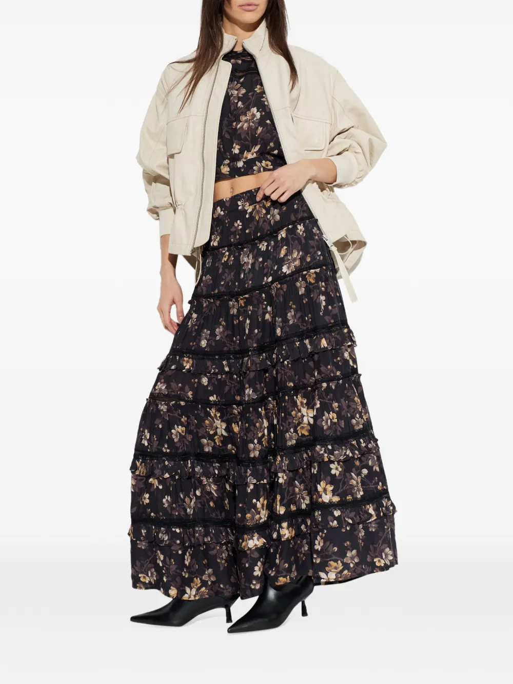 Ruffled Floral-Print Maxi Skirt