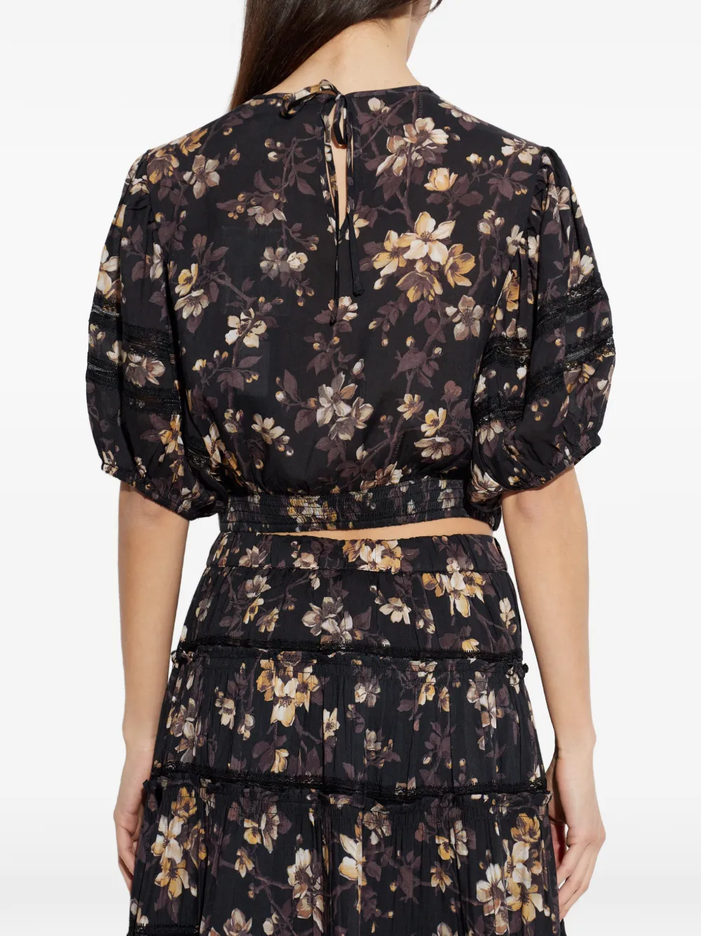 AllSaints Top met bloemenprint en kanten afwerking Zwart