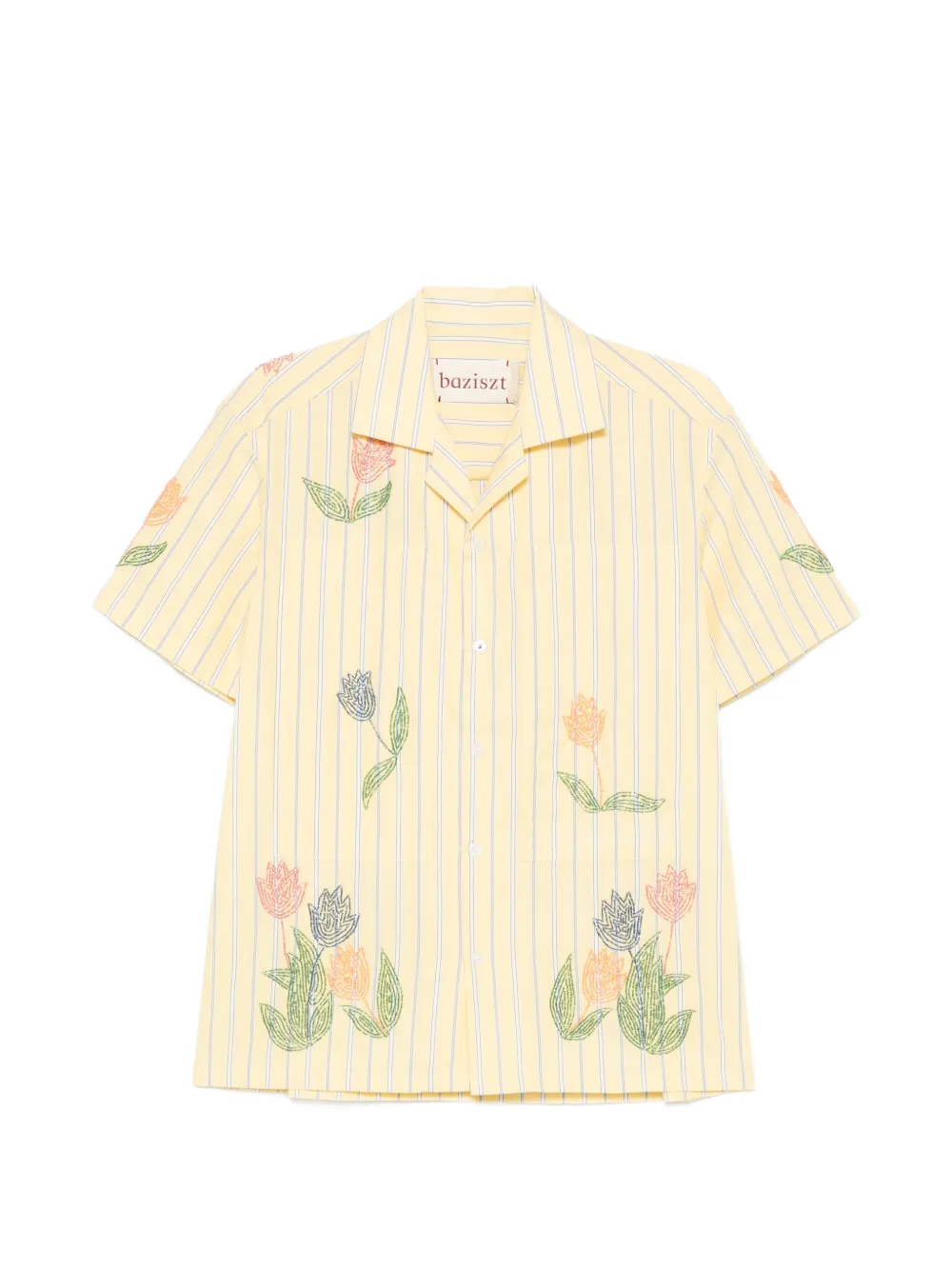 Baziszt 플로럴 자수 스트라이프 패턴 셔츠 | 옐로