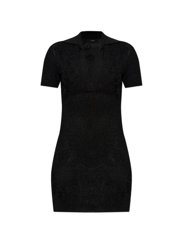 Amiri Floral Crochet Polo Mini Dress in Black