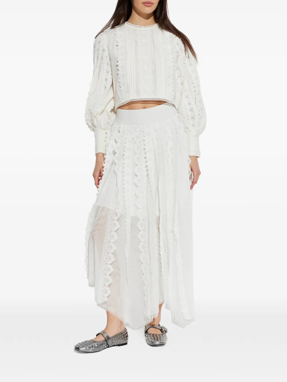 AllSaints Hart top met ballonmouwen en kant Wit