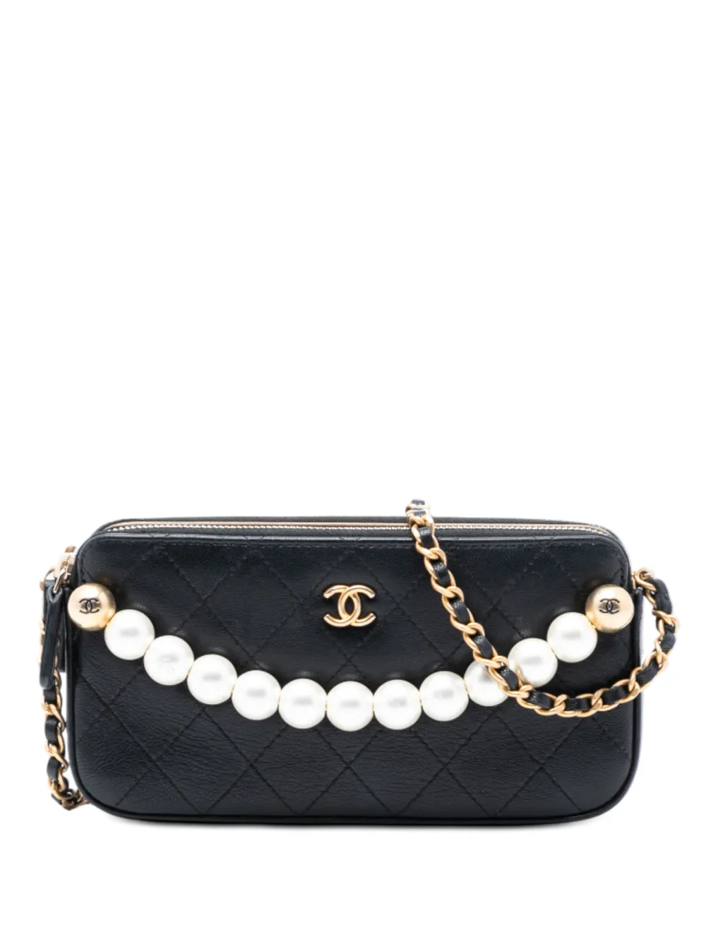 CHANEL Pre-Owned 2019 CC Quilted Goatskin Chic Pearls Double Zip Clutch With Chain satchel - Nero