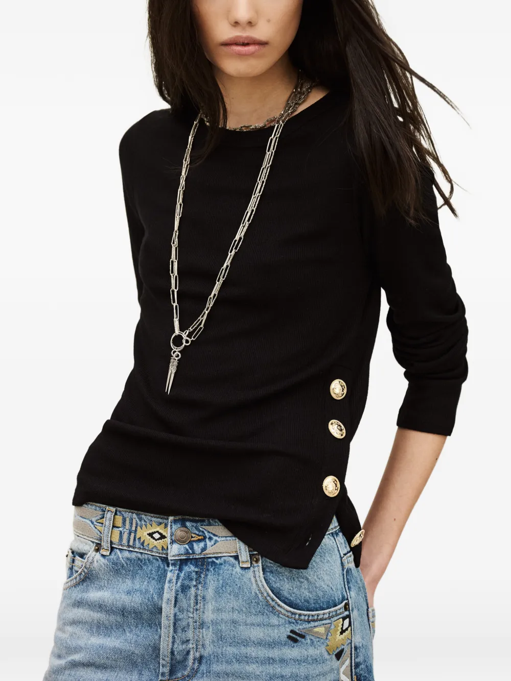  Ba&sh Giulia Buttoned-detail Long-sleeve Top - Black 