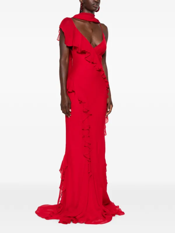 de la vali red dress BOUGAINVILLEA CHIFFON MAXI DRESS IN SCARLET MAGNOLIA PRINT DE LA VALI OFFICIAL