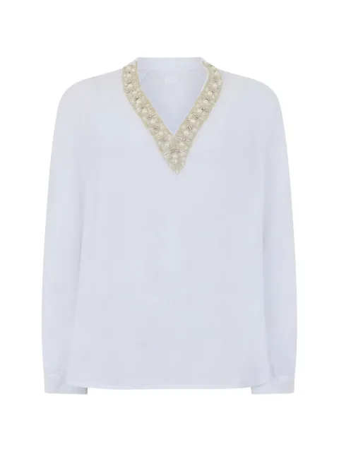 120% Lino V-neck embellished blouse