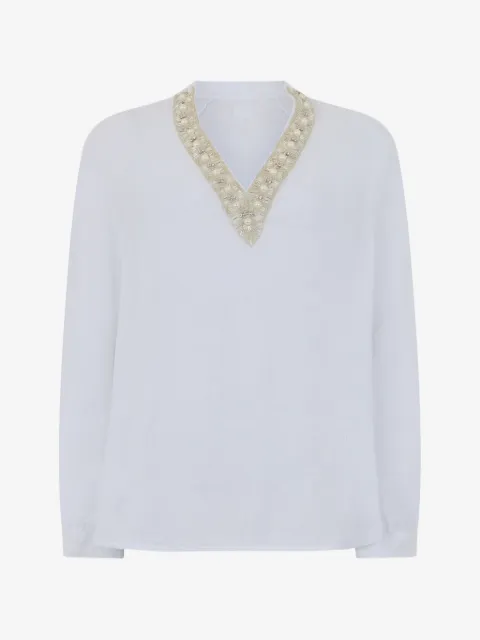 120% Lino V-neck embellished blouse