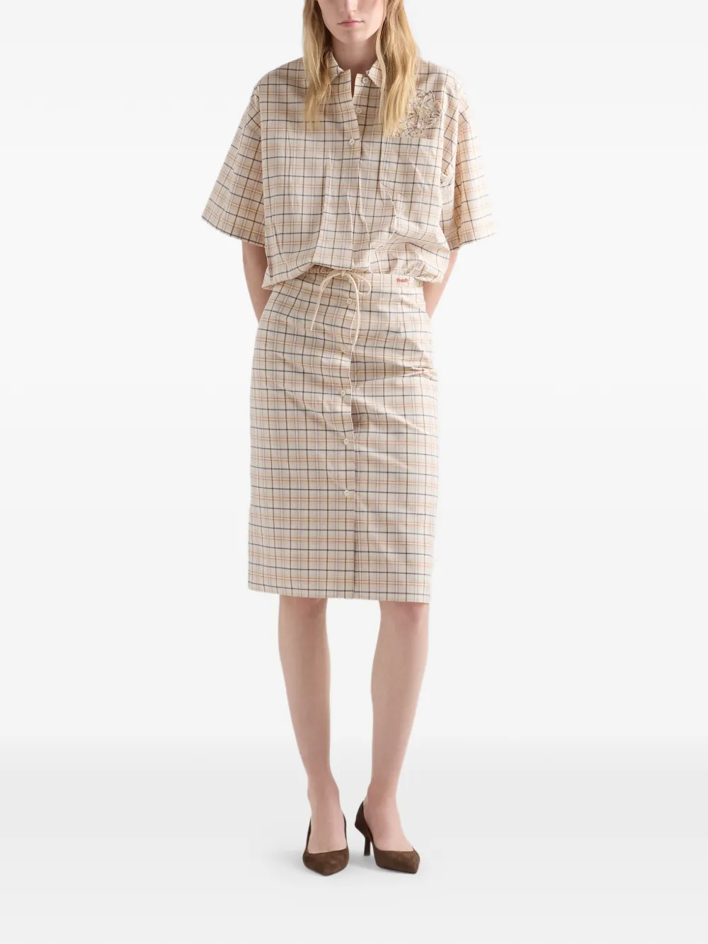 Prada embroidered checked poplin top - Nude