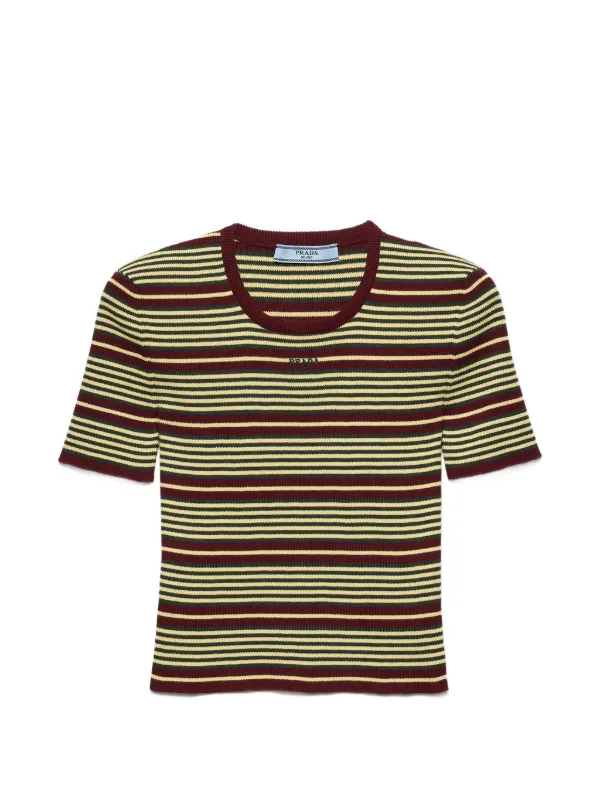 Prada Short-sleeved Striped Cotton Sweater in Green