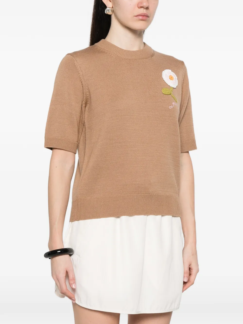 GANNI Trui met bloemapplicatie en korte mouwen Beige