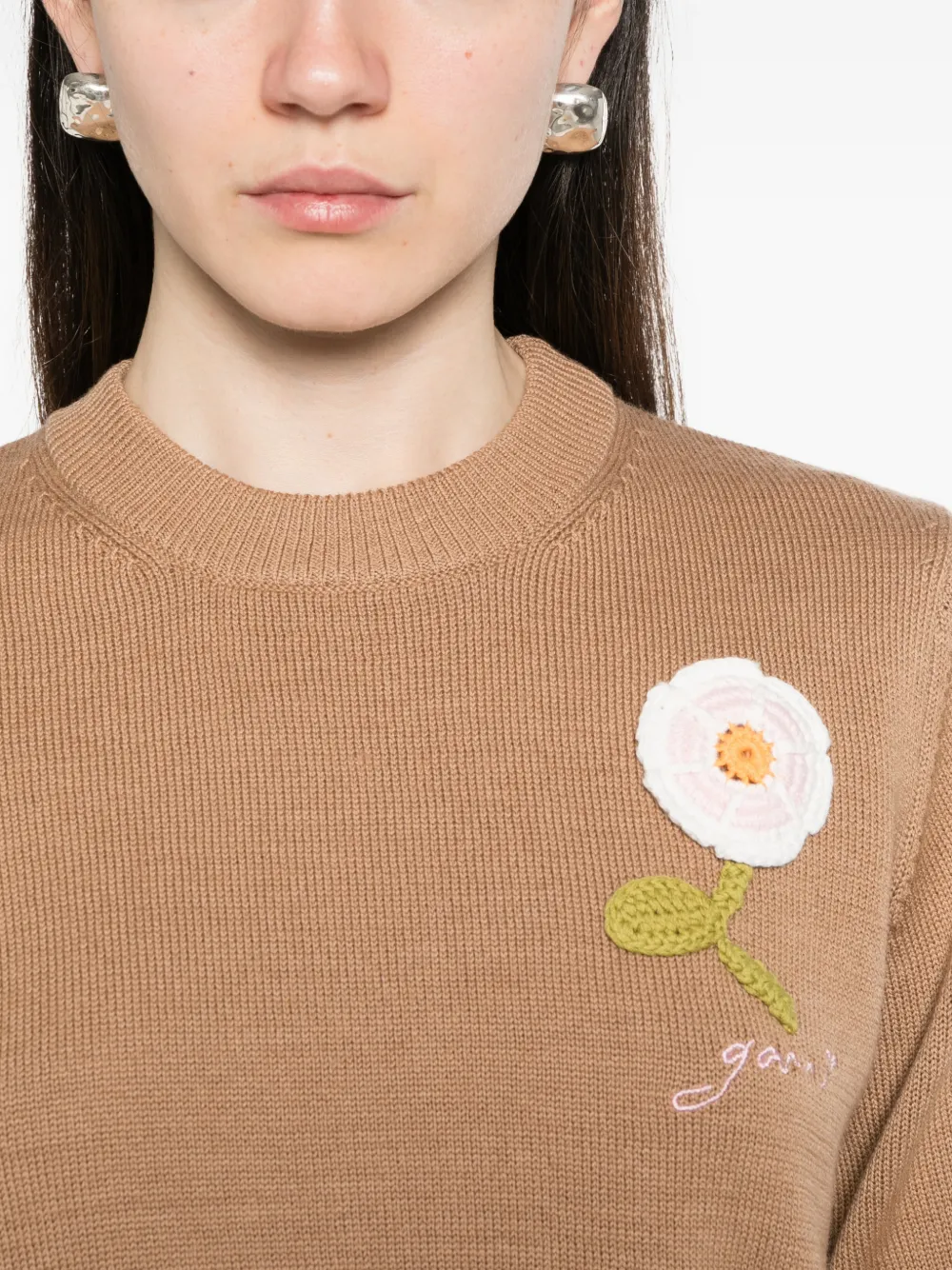 GANNI Trui met bloemapplicatie en korte mouwen Beige