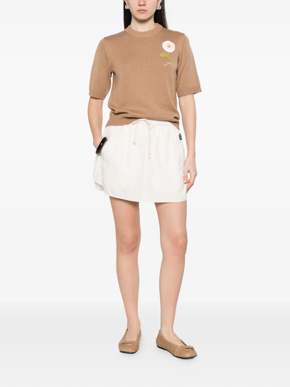 GANNI Trui met bloemapplicatie en korte mouwen Beige