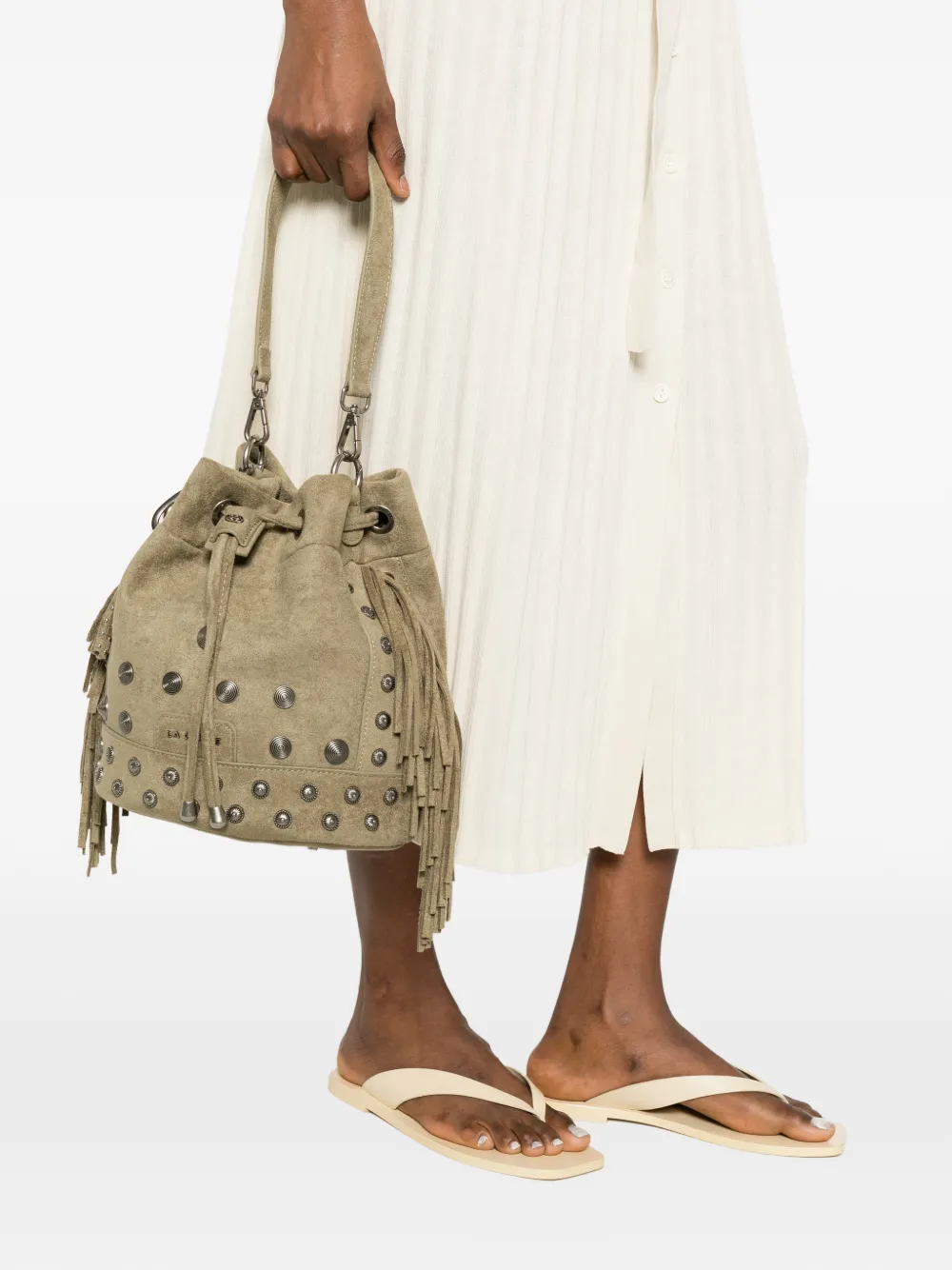 Fringed Studded Leather Bucket Bag