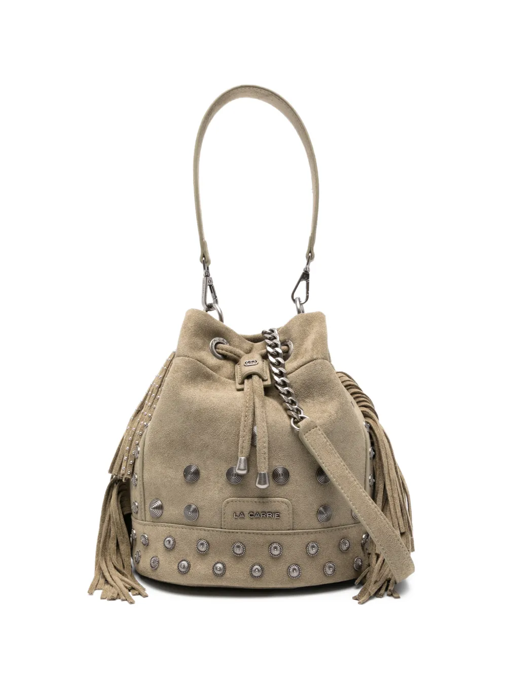 La Carrie Fringed Studded Leather Bucket Bag In Neutral