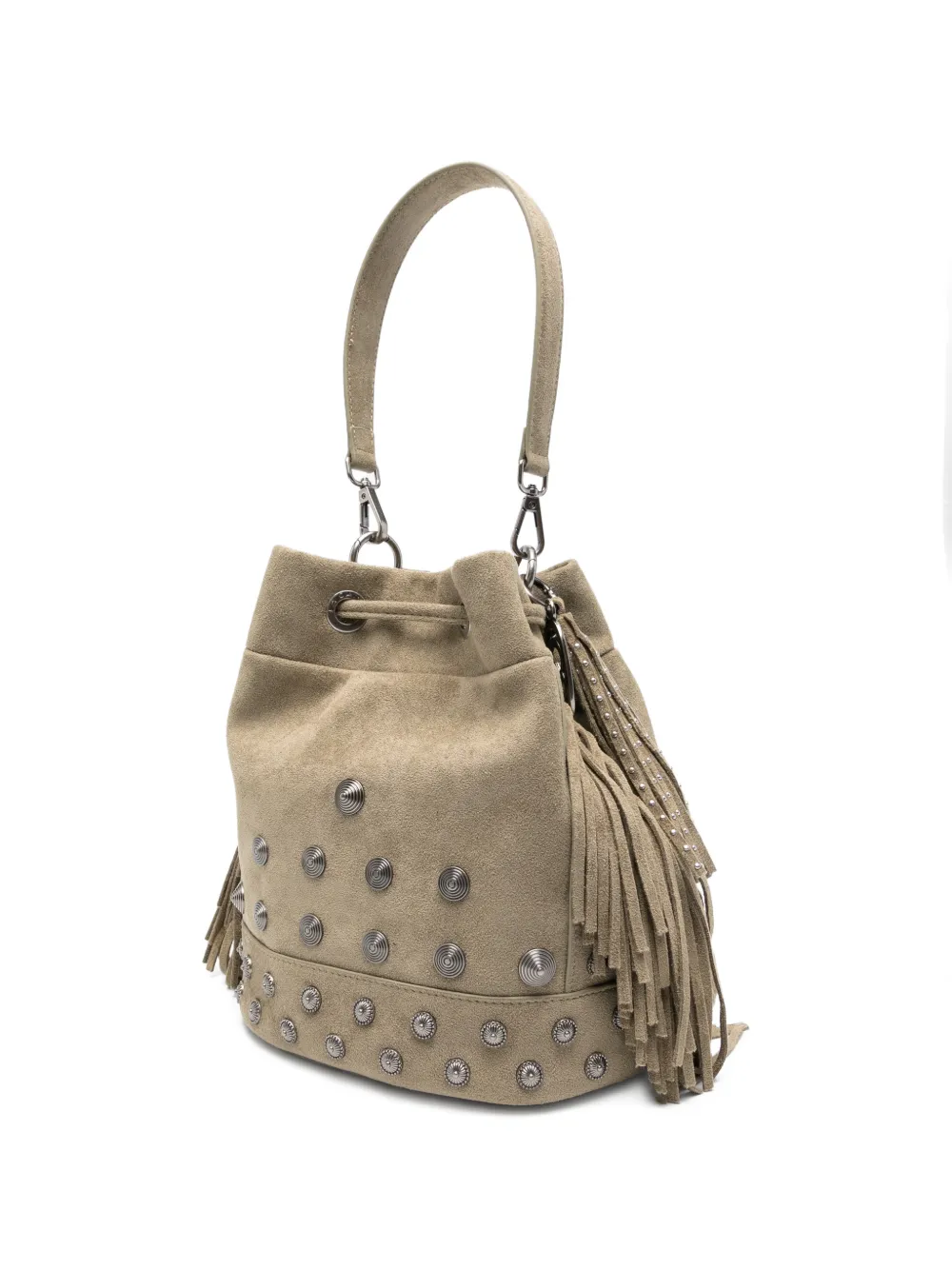 Fringed Studded Leather Bucket Bag
