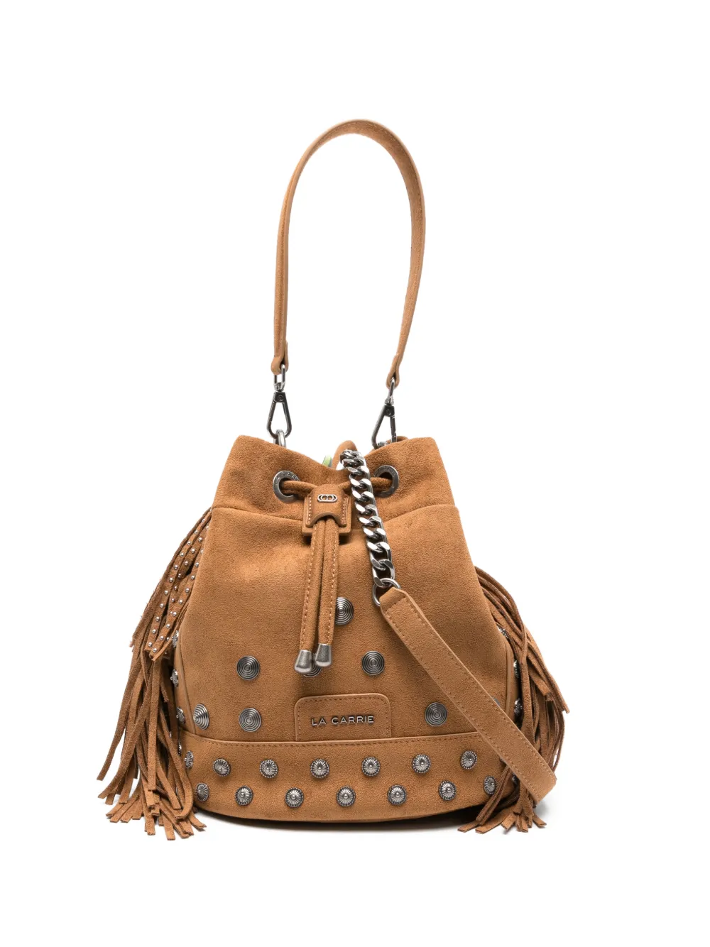 La Carrie Fringed Studded Bucket Bag In Neutral