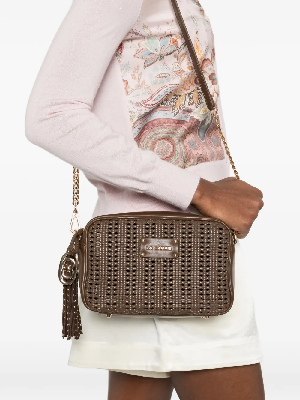  La Carrie Woven Tassel Leather Shoulder Bag - Brown 