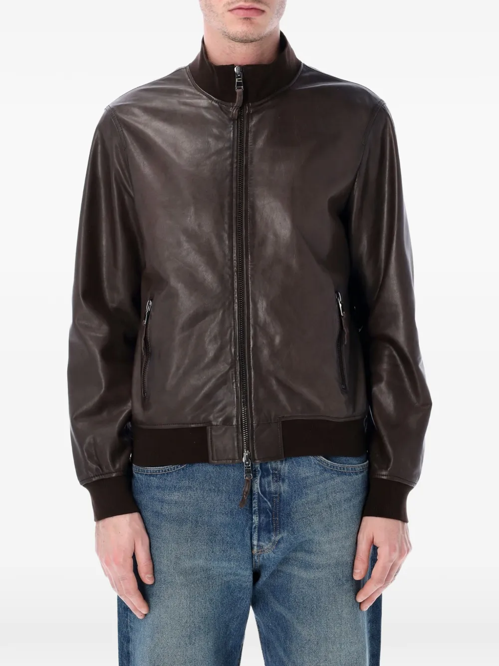 Sword zip-fastening leather jacket - Braun