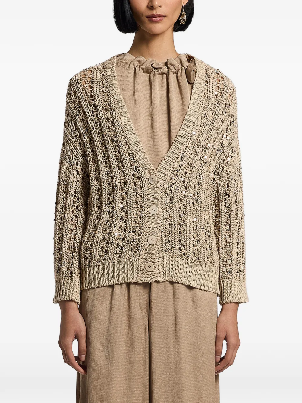 Peserico sequinned cotton ribbon cardigan - Toni neutri