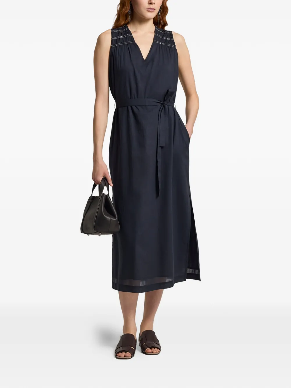 Peserico Midi-jurk met ceintuur en V-hals Blauw