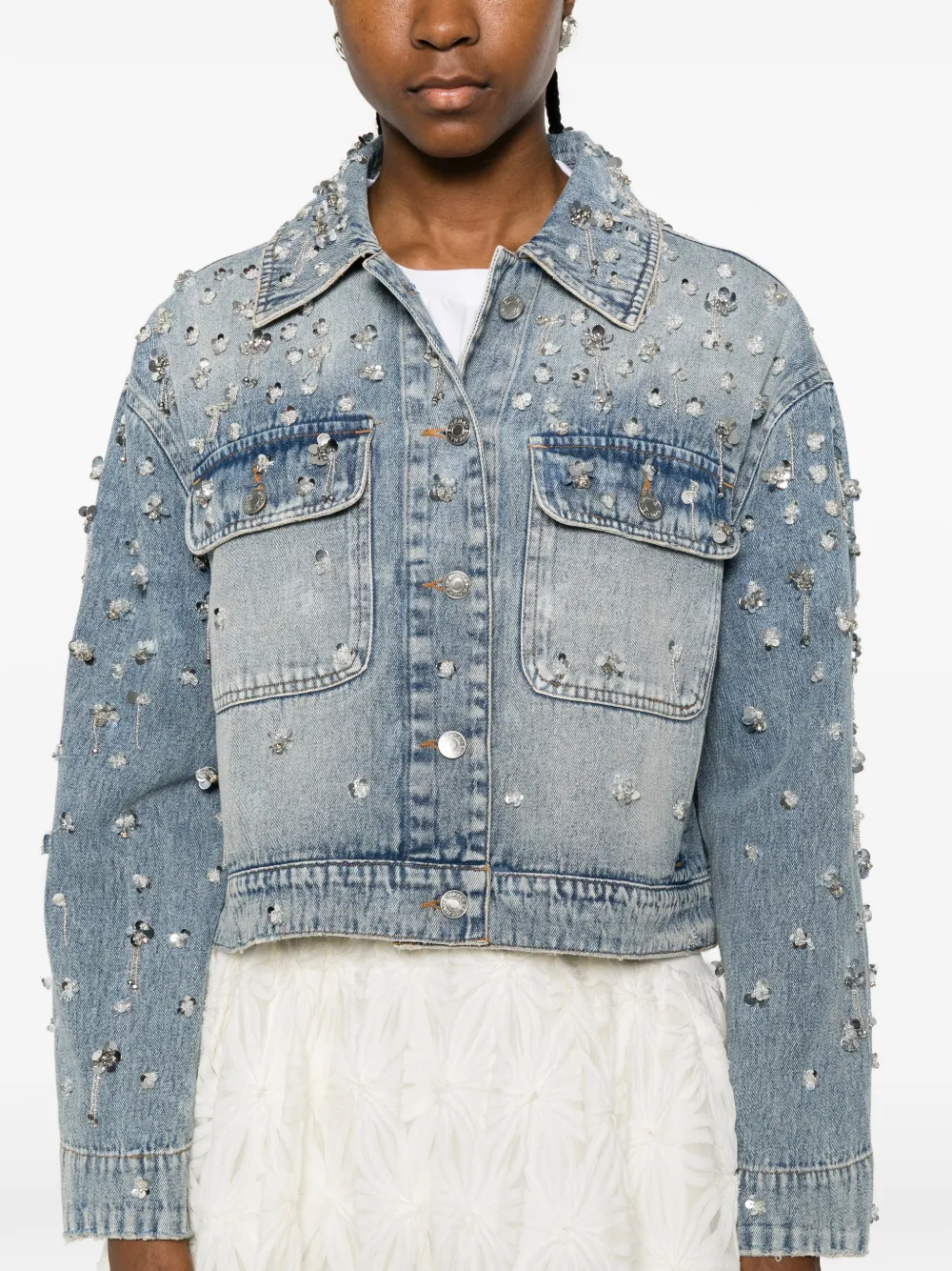 SIMKHAI Hollywood Embellished Chest-pocket Jacket in Blue, view 5