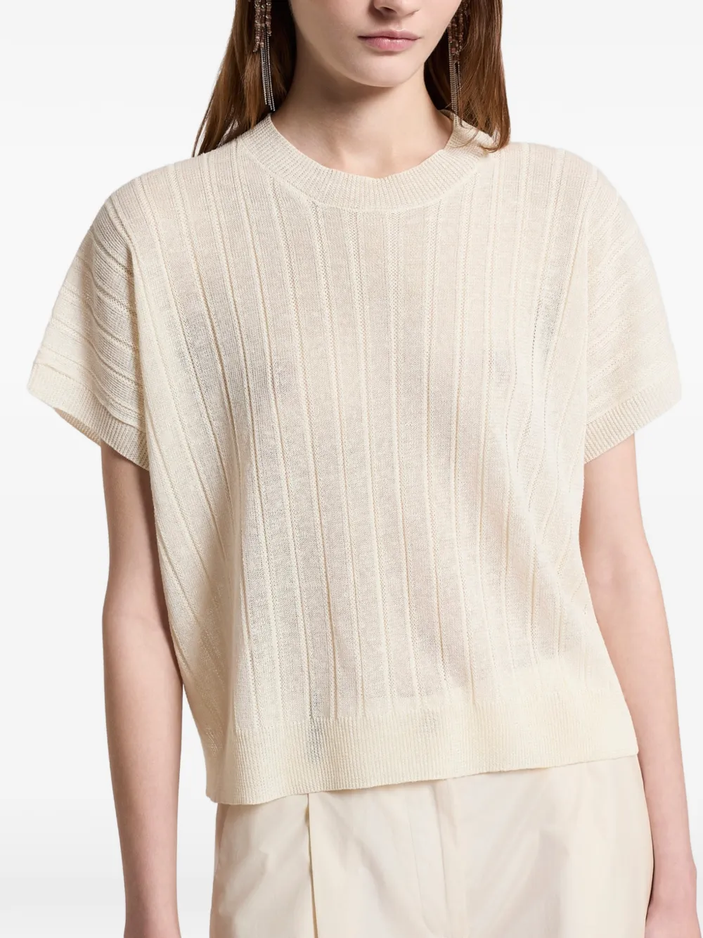 Peserico Ribgebreide trui met korte mouwen Beige